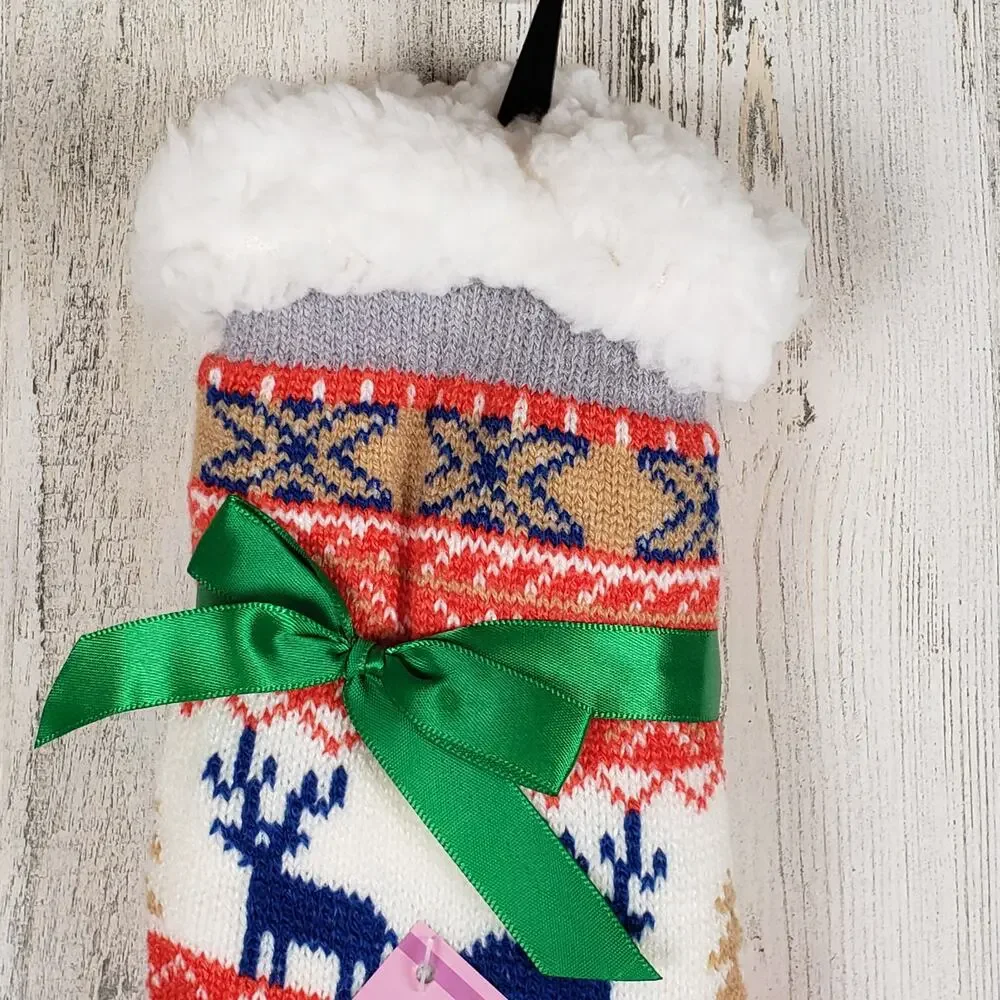 NWT Mari Clare Sherpa Lined Knit Winter Reindeer Design No-Slip Slipper Socks